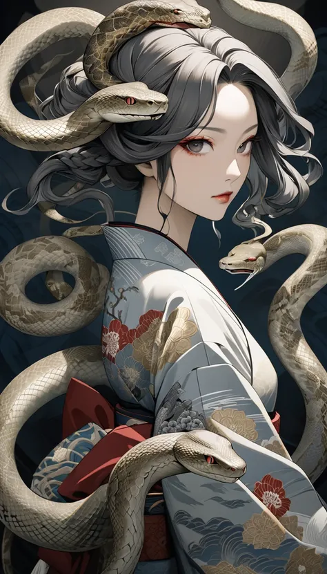 Ukiyo-e portrait of a woman with snake-shaped hair, all of the hair is made into dynamic snakes, Oriental Medusa, dynamic movement, traditional Japanese art style, (staring at you), highly detailed, ornate kimono, intricate hair ornaments, dramatic lightin...