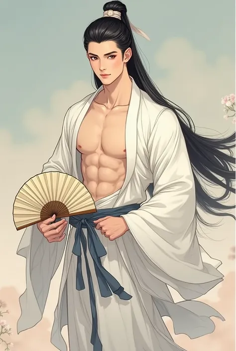 A 24-year-old handsome man wearing Chinese white Hanfu, with long black hair tied with a ribbon, holding a folding fan, showing his biceps and abdominal muscles