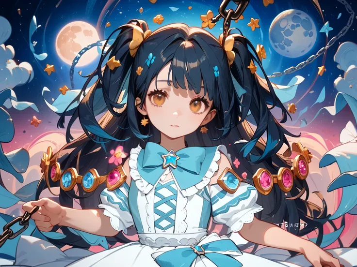  Amazingly beautiful magical girl portrait 。 Magic Girl opens beautiful amber eyes 、 with silky black long hair ，The hairdo on the ponytail is a gorgeous light blue bow。 Gorgeous cute magic girl split skirt in light blue：The top is a sailor's collar with a...