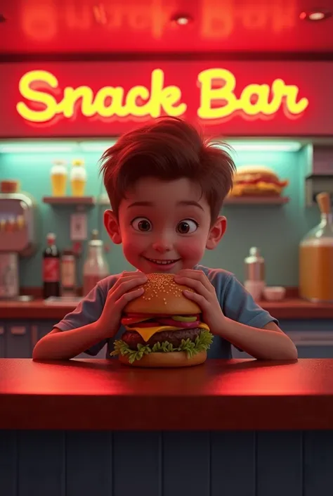 A boy sitting at the snack bar with a red BRSA'S LED sign, Super happy eating your hamburger 