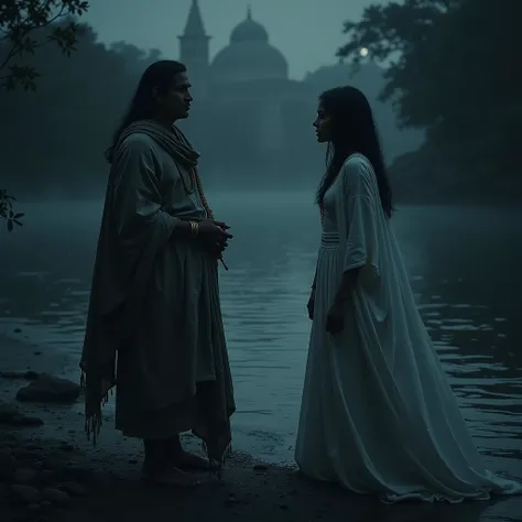 "The Indian saadu standing near the mysterious woman in white, asking her a question, as she stares at him in silence. The dark river and distant  tension to the night scene."