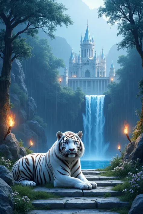 The atmosphere of heavy rain ,in the dark afternoon ,Gagah white tiger , lying staring intently , blue-eyed , on stairs made of white grassy blue rocks , with torchfires on the right and left , on top of white rocky cliffs and white flowers , towards flowi...