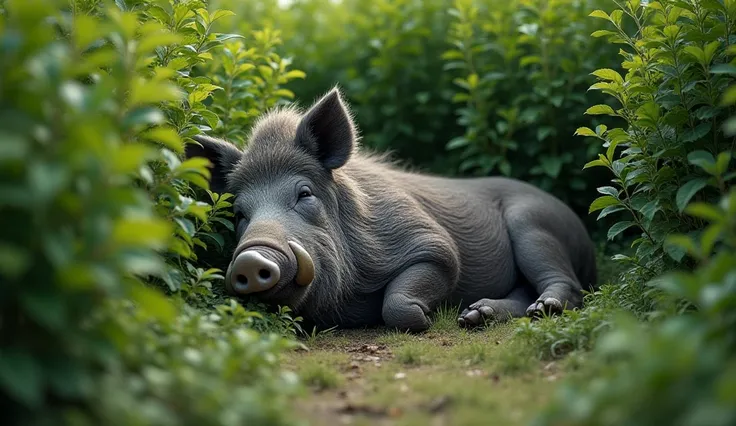 professional photo, photography, a gray boar, sleeping in a tall bush, during the day, realistic detail