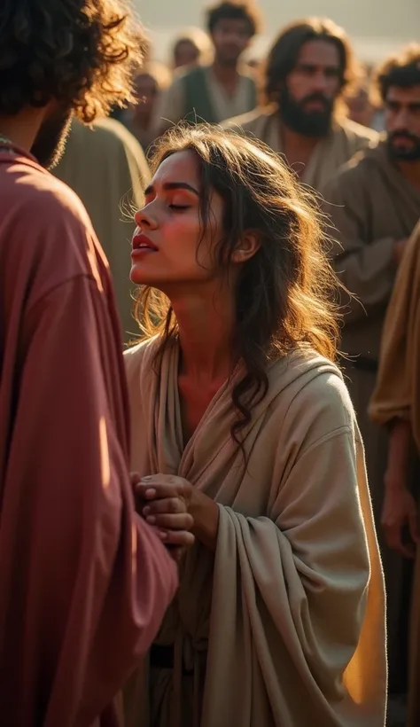 Create an ultra-realistic image of a woman dressed as an ancient Israelite in the middle of a crowd, on her knees looking desperate, her hair disheveled, touching Jesus' cloak, using a Sony Alpha 7 camera with a Sony FE 70-200mm f/2.8 GMOSS lens.