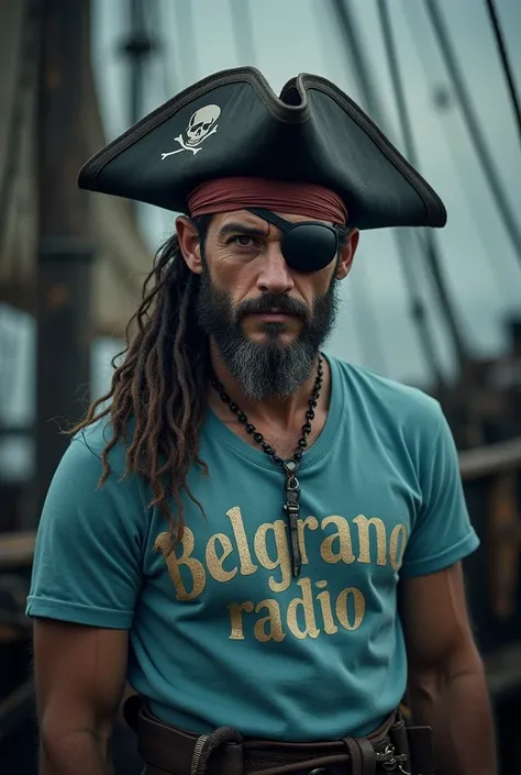 A pirate with an eye patch ,And with a light blue t-shirt that says Belgrano,on a gloomy background with an old pirate ship in the background,A title should appear in 3D metallic letters that reads ;88.3 EVERYONE'S RADIO 