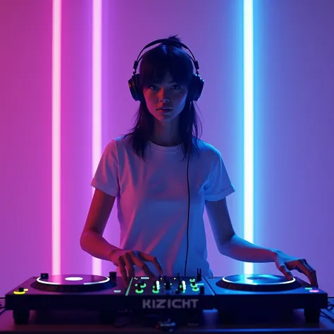 A centered render of a female DJ with a turntable and headphones, wearing a plain t-shirt with neon background in purple and blue colors, reggaeton theme, vibrant lighting, cinematic, beautifully lit, by Greg Rutkowski and Alphonse Mucha, 3D, trending on A...