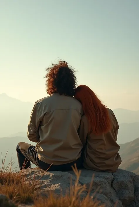 A man and his daughter sitting on a rock view from behind. They are of European origin, he has brown hair shoulder-long and wild. She has red hair.She puts her head on his shoulder.and they look at the sky 