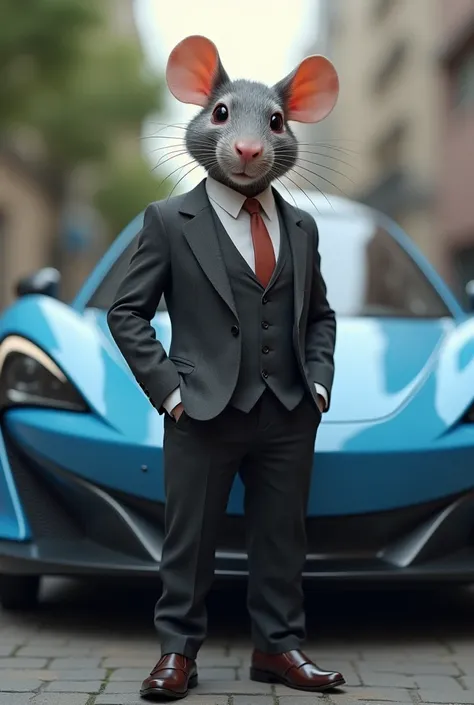 A rat wearing a white shirt and ash suit black trousers wearing shoes stands in front of a small blue Honda sport mini motor