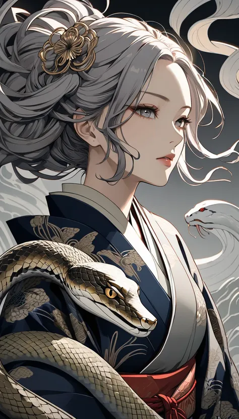 Ukiyo-e portrait of a woman with snake-shaped hair, all of the hair is made into dynamic snakes, Oriental Medusa, dynamic movement, traditional Japanese art style, (staring at you), highly detailed, ornate kimono, intricate hair ornaments, BREAK staring at...