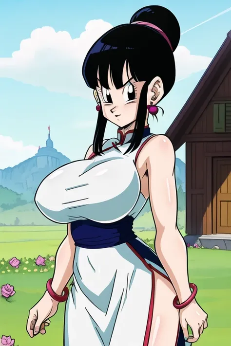  high definition ,masterpiece, more details,illustrinion, best quality,Chichi_ dragon ball , earrings,during, in detail,  emitting a beautifully detailed glow  , bracelet, color,  black hair,1 girl with super huge huge boobs completely naked,an extremely d...