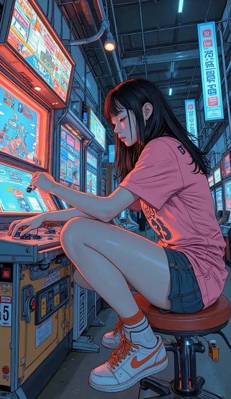  Surrealism  ,  artwork, 8K quality,  girl playing a competitive game in an arcade, Shibuya arcade 、High school girl in pink jersey , Nike sneakers  、  anatomically accurate、