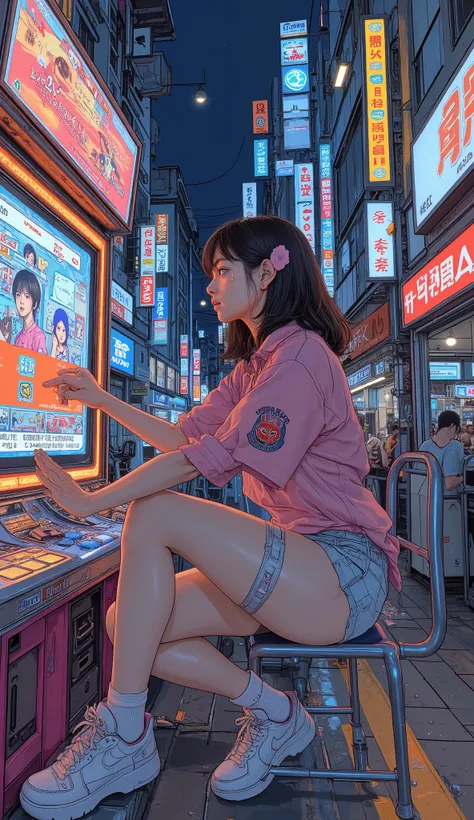  Surrealism  ,  artwork, 8K quality,  girl playing a competitive game in an arcade, Shibuya arcade 、High school girl in pink jersey , Nike sneakers  、  anatomically accurate、