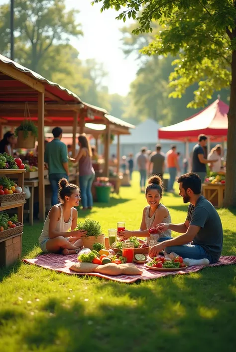 Please generate a realistic image An inviting farmers' market scene featuring wooden stalls overflowing with colorful, fresh produce such as vegetables, fruits, and herbs. Shoppers of all ages and backgrounds are engaging with vendors, smiling and holding ...