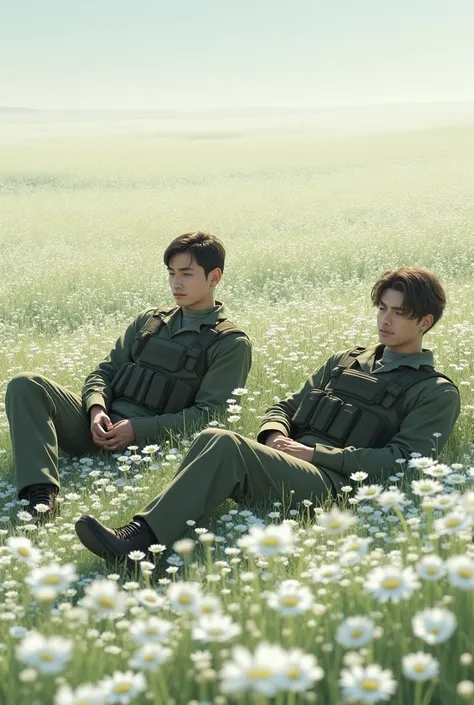 2 men setting in a field of white flowers with tactical uniform without gun 