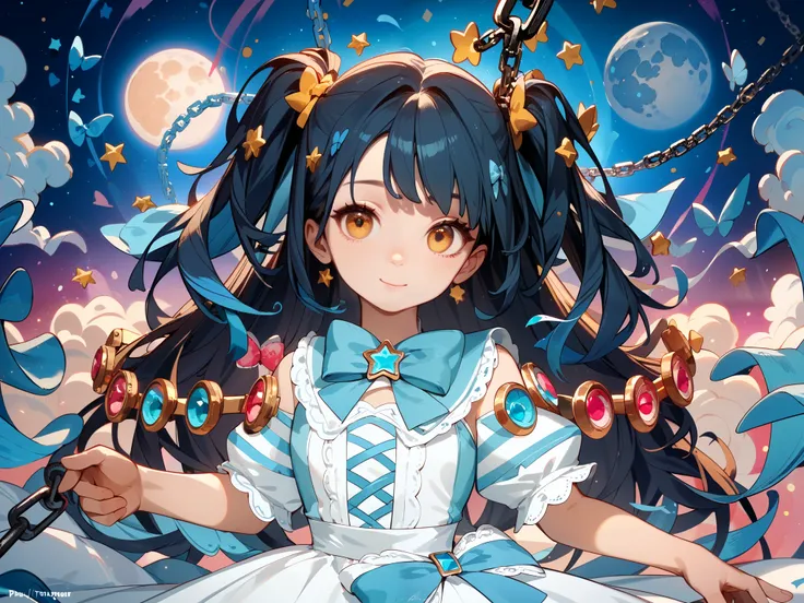 Amazingly beautiful magical girl portrait 。Magical Girl with a smile , open beautiful amber eyes、 with silky black long hair ,The hairdo on the ponytail is a gorgeous light blue bow。 Gorgeous cute magic girl split skirt in light blue:The top is a sailor's...