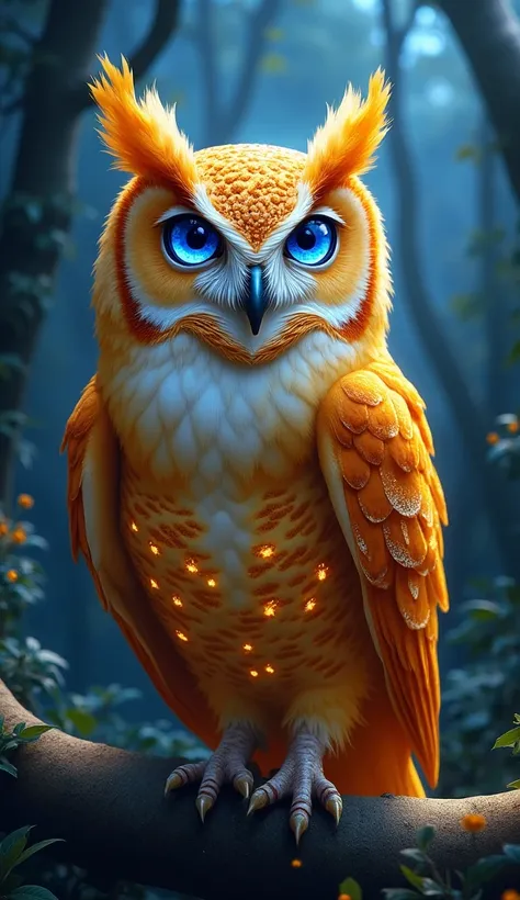 "Design a majestic owl with shimmering golden feathers and blue, gemstone-like eyes. Its wings are detailed with glowing patterns, giving a mystical vibe. The background is a magical forest at twilight."