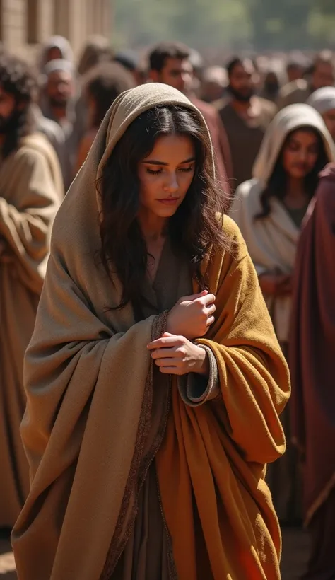 Create an ultra-realistic image of a woman dressed as an ancient Israelite in the middle of a crowd, touching Jesus' cloak, kneeling and humble, using a Sony Alpha 7 camera with a Sony FE 70-200mm f/2.8 GMOSS lens