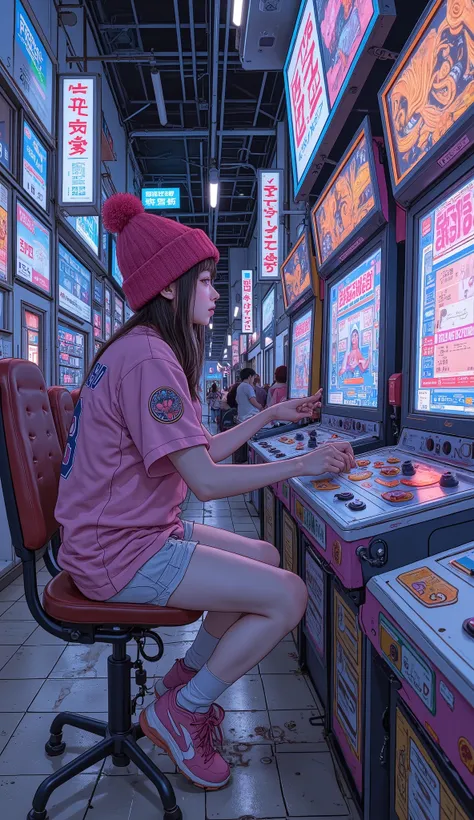  Surrealism  ,  artwork, 8K quality,  girl playing a competitive game in an arcade, Shibuya arcade 、High school girl in pink jersey , Nike sneakers  、 Red knitted hat、 anatomically accurate、