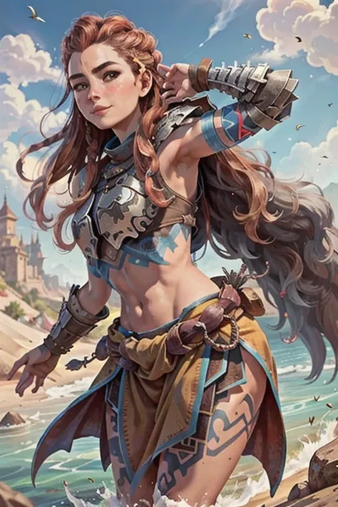 AloyHorizon, solo, long hair, smile, brown hair, hair ornament, navel, brown eyes, weapon, braid, outdoors, parted lips, sky, day, midriff, red hair, armor, blue sky, lips, looking to the side, tattoo, looking away, thick eyebrows, shoulder armor, freckles...