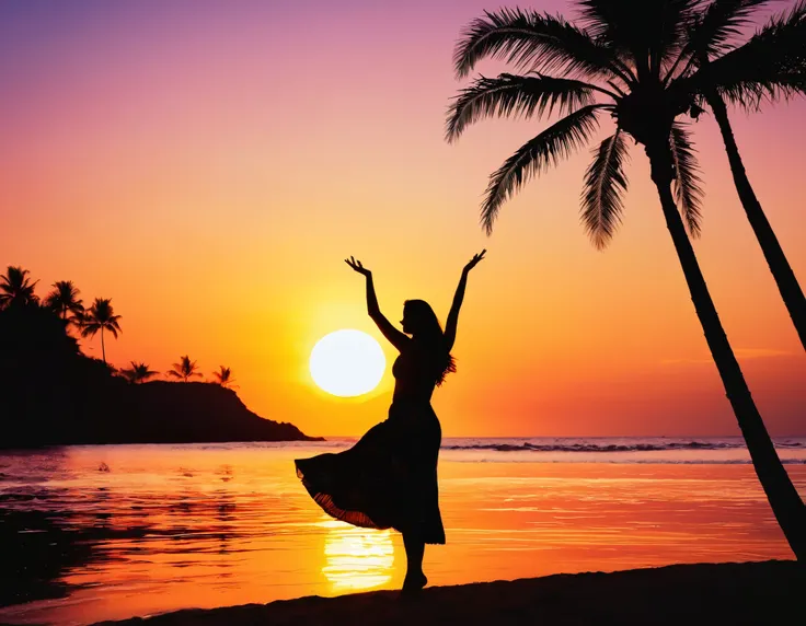 sunset scene with a woman in a hula skirt dancing in front of a palm tree, in the sunset, silhouette over sunset, 熱帯のビーチでダンス, at the sunset, sunset illustration, sunset, with sunset, with a sunset, at a beautiful sunset, at sunset,  sunrise, girl watching ...