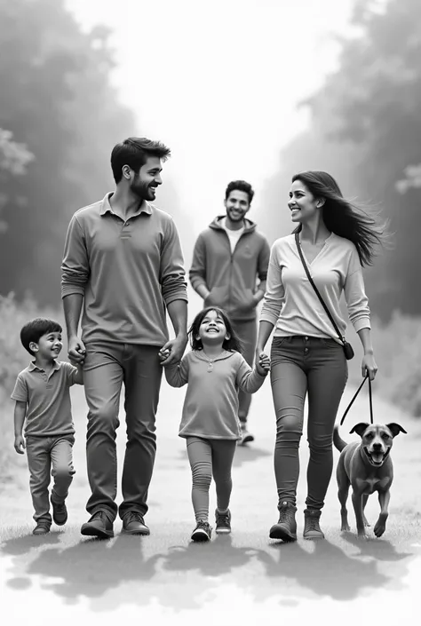 I want you to draw from your imagination a father, mother and two ren walking in front while smiling, and behind a  walking, holding their stray and smiling, in black and white 