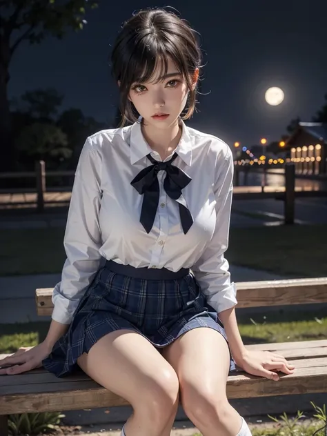 20 year old Japanese woman, Black Hair, (High Top Fade:1.3), Dark Theme, Calm tone, Calm colors, High Contrast, (Natural skin texture, Hyperrealism, Soft Light, sharp), Night Sky, full moon, Move the whole body:1.8, school uniform, long sleeve, White shirt...