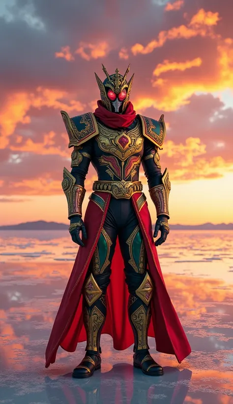 "A noble Kamen Rider clad in armor inspired by the Bolivian flag (red, yellow, and green), with traditional motifs representing the Andes and the wiphala flag. The character stands proud on the Uyuni Salt Flats, with the vast, reflective surface stretching...