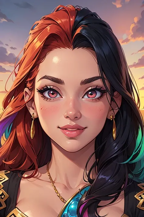 masterpiece, best quality, masterpiece, godlike quality, godlike art, highly detailed face, highly realistic, cute, young girl, smiling, big eyes, long eyelashes, multicolored hair, multicolored eyes, shiny skin, full lips, big lips, shiny skin, blushing, ...