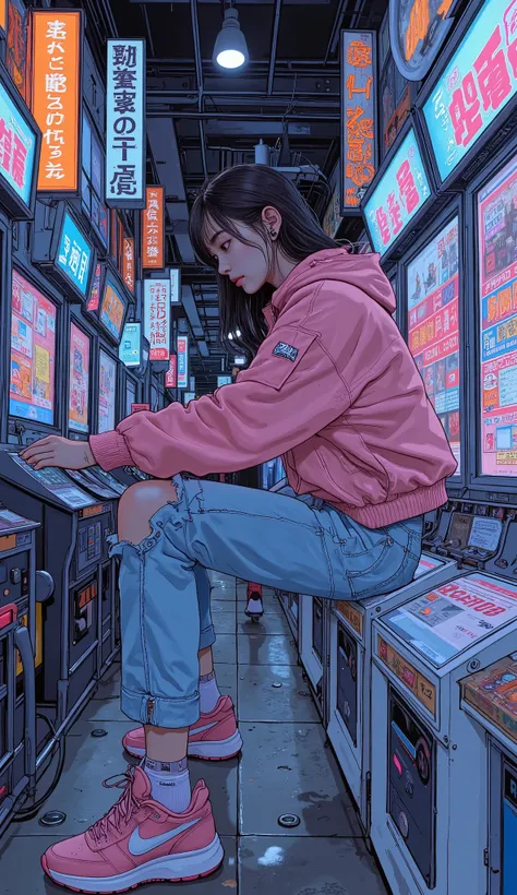  Surrealism  ,  artwork, 8K quality,  girl playing a competitive game in an arcade, Shibuya arcade 、A high school girl wearing a pink jacket and loose denim, Nike sneakers  、  anatomically accurate、
