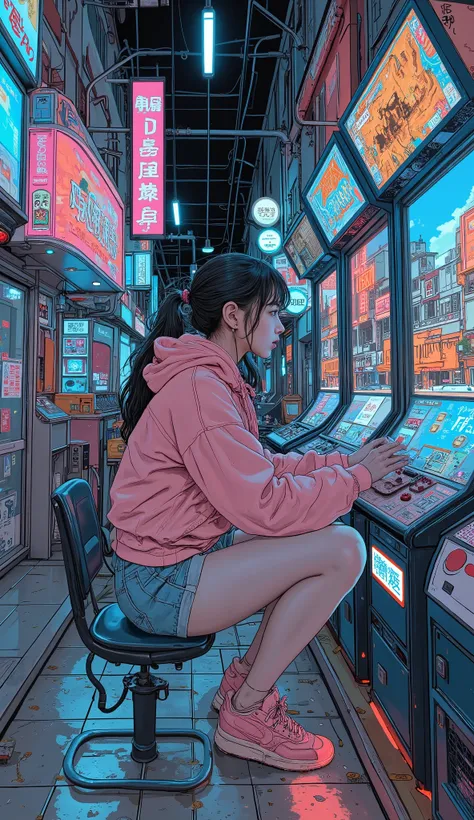Surrealism , artwork, 8K quality, girl playing a competitive game in an arcade, Shibuya arcade 、A high school girl wearing a pink jacket and loose denim, Nike sneakers 、 anatomically accurate、