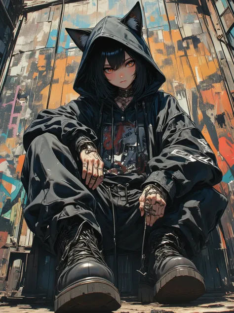 Punk, nekomimi, streetewear, oversize clothes, view from bottom, grafiti on wall background, masterpiece,HDR, dynamic angle, sitting,