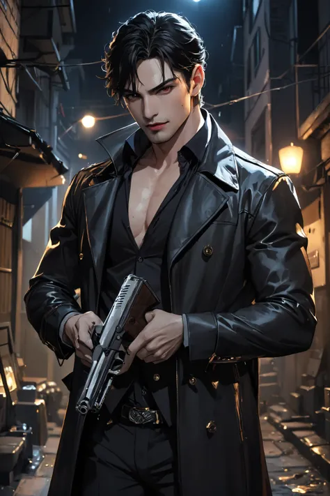 ((masterpiece8k,  best quality,  high resolution:1.3)), (In a dark night town in a deserted back alley、 standing male vampire:1.2),Vampire-like clothing　 Snapshot　 upper body　 short dark hair 　 handsome　 manly face　The hairstyle feels like it's all back 　b...