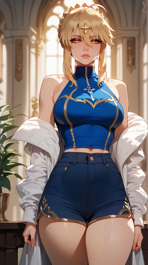 Artoria Pendragon style,  blonde hair ,  golden eyes,  perfect eyes,  perfectly sexy face, ultra detailed,  ultra perfect eyes ,  big beautiful woman , standing, dark blue shorts, Body,  looking at the spectator,