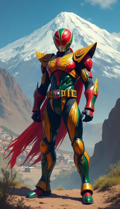 "A noble Kamen Rider clad in armor inspired by the Bolivian flag (red, yellow, and green), with traditional motifs representing the Andes and the wiphala flag. The character stands heroically in front of the majestic Cerro Rico mountain in Potosí, with the...