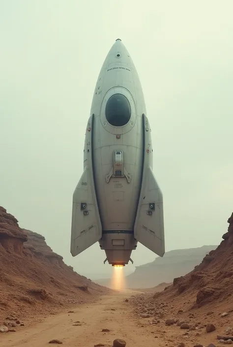 nuclear-powered spaceship that broke through the ground. minimal spaceship. small spaceship. comes out of the ground