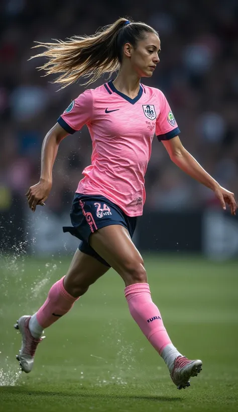 A graceful, balanced player in a pink and navy jersey, making an elegant assist. Their harmonious movements are captivating as they glide across the field, leaving faint trails of light. The scales symbol subtly shines on their arm sleeve.