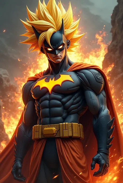 Create a hybrid character that seamlessly combines the features of Goku and Batman into a single, monstrous entity. This figure should have Goku's spiky golden hair merging with Batman's dark cowl, glowing eyes radiating power, muscular physique with a fus...