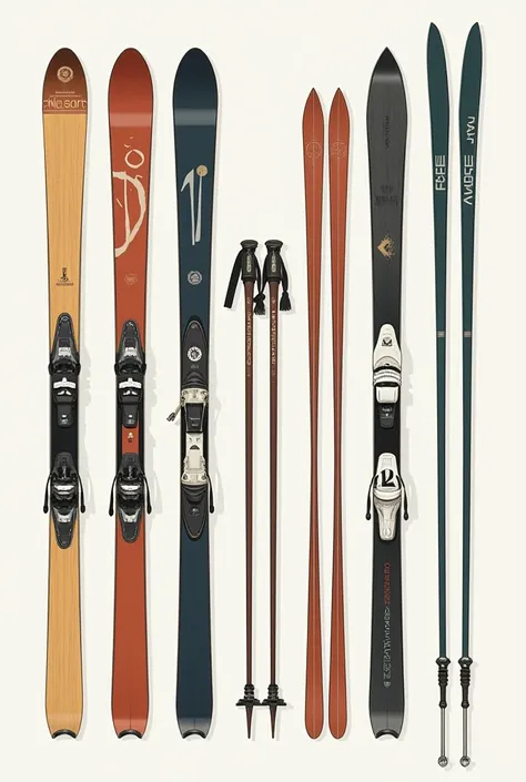 Create an image which its elements shows the history of Alpine skiing. The image should include details that showcase the evolution of this sport, featuring both old and modern equipment as representatives of different eras. Like old and modern skies, boot...