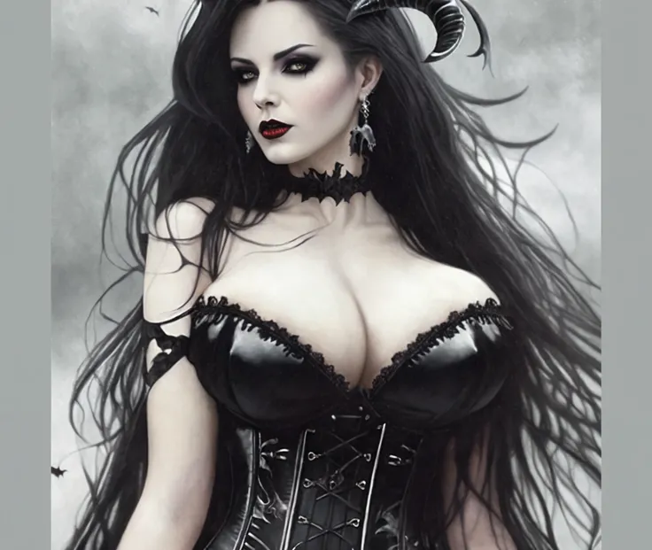 gothic woman in black corset with horns and horns on her head, beautiful vampire queen, dark goth queen, gothic fantasy art, gothic maiden, beautiful succubus, beautiful vampire female queen, gothic fantasy, gothic, goth woman, gothic maiden of the dark, d...