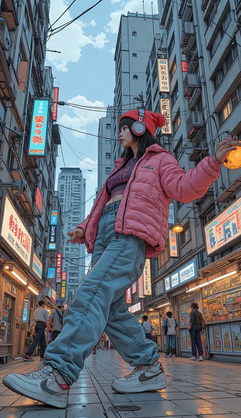  Surrealism  ,  artwork, 8K quality, Girl playing a dance game at an arcade,  Shibuya game center store 、Large housing 、High school girl wearing a pink down jacket and loose denim pants,red knitted cap、 headphones、 Nike sneakers 、 Colorful Accessories、Lots...