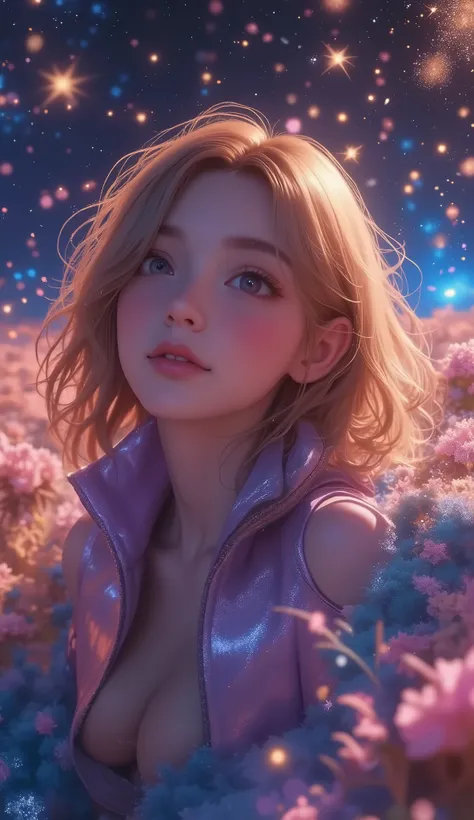 high detail, more details, super high definition, A girl having a great time in the galaxy of her dreams , Surrounded by stars, The warm light that shines on her, background is a starry sky with colorful galaxies and galactic clouds, The flying stars ...