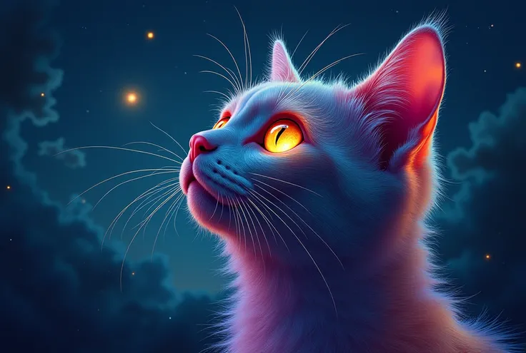 A surreal and atmospheric close-up painting of a cat’s face with vibrant, glowing, multicolored fur. The cat’s wide, hypnotic eyes reflect a mysterious, radiant light source high in the night sky. The background is a moody, star-filled expanse with faint, ...