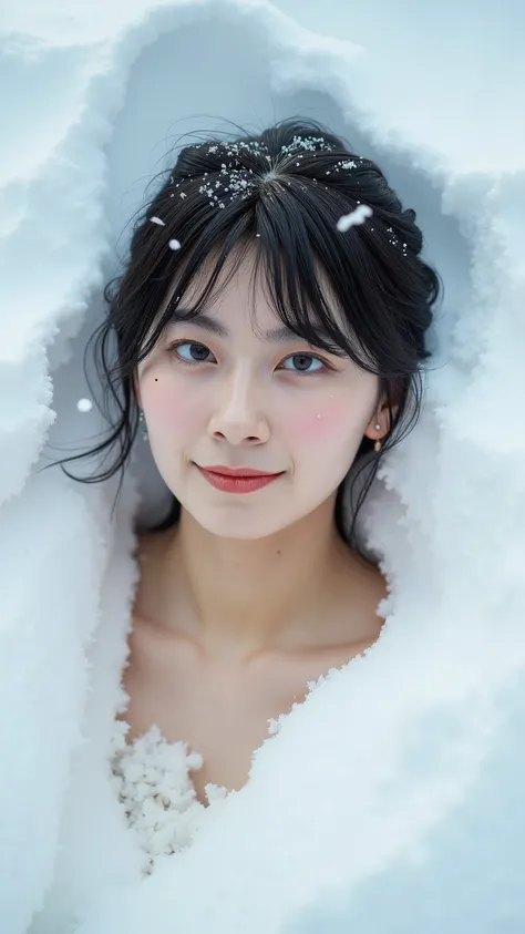 A high resolution photograph of a naked Japanese woman buried in the snow with only her upper shoulders sticking out above the snow surface. Powder snow falls on her. Intricate details, 8k,