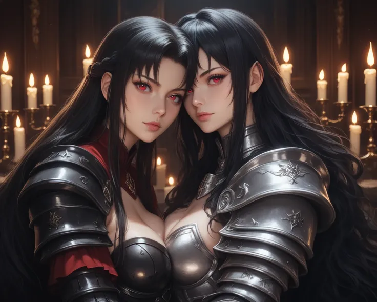  Best quality,  Dark fantasy,  Cinematic image ,  detailed image ,  detailed body,  detailed face,  Symmetrical Eyes , detailed beautiful red eyes,  very long fluffy black hair,  long fluffy eyelashes , black knight,  beautiful girl,  cold look ,  looks at...