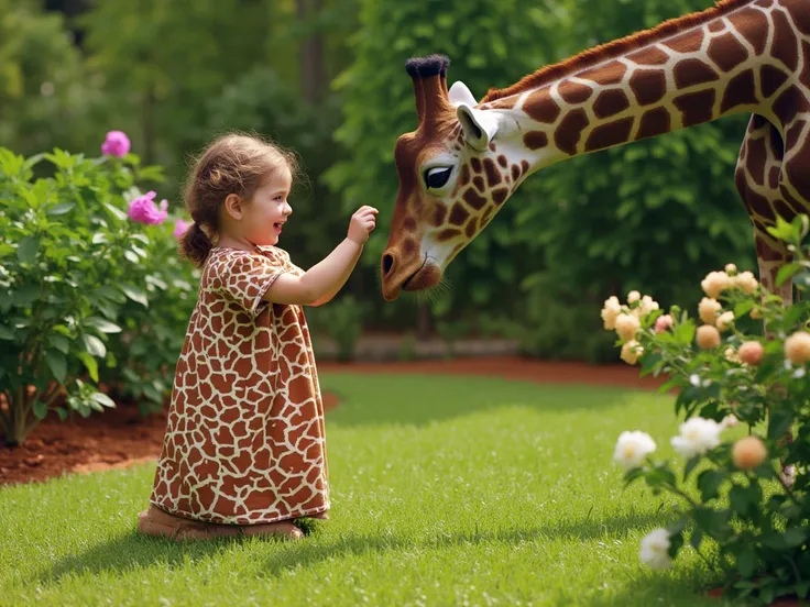 (best quality, 128k,highres,masterpiece:1.2),ultra-detailed,(realistic,photorealistic,photo-realistic:1.37), ((masterpiece)) ((photography)) ((Highest quality)) A , around five-years-old, wearing a giraffe dress, standing joyfully next to a friendly giraff...