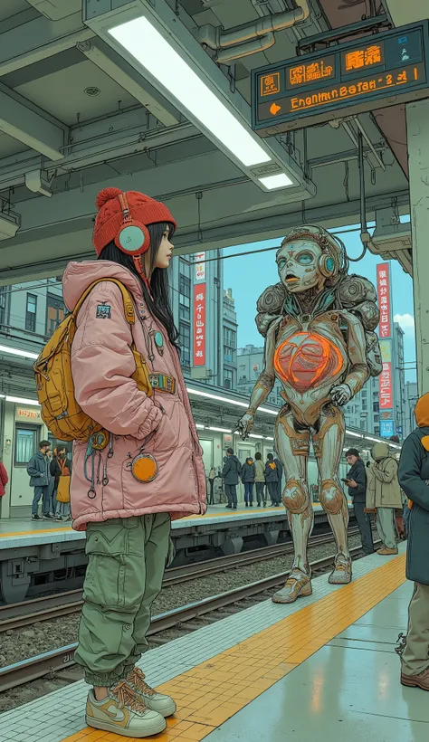 Surrealism , artwork, 8K quality, A girl meeting up on the train station platform, Shibuya Station、 smartphone that stimulates the vagina、High school girl wearing loose moss green cargo pants in a pink down jacket,red knitted cap、 headphones、 Nike sneak...
