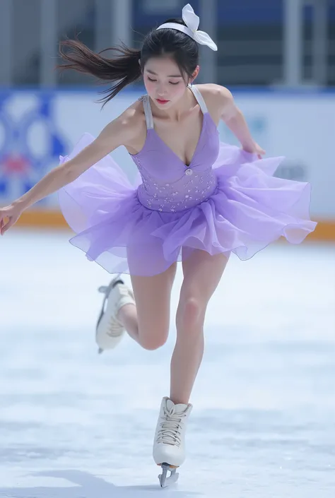  Japanese woman、 ponytail、 white ribbon、 headband、 Figure Skating 、light purple costume、 see-through、 ultra mini skirt 、 The dynamic feeling of sliding on ice、Skin-colored tights、front