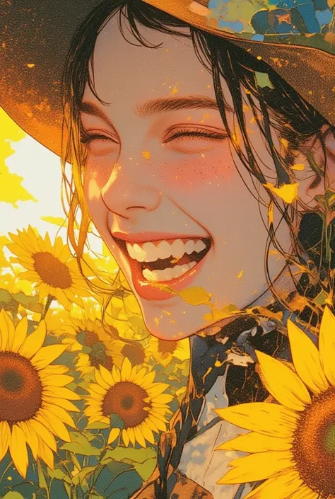    woman smiling madly  ,  Backlit Sunlight  ,sunflower,   pop art  painting  ,  pop art  , ( Collage  ), added   Details ,  closeup shot, a contemporary artistic Collage , graphic   Details , cut out Collage ,   Details ,   profile picture  , digital Coll...