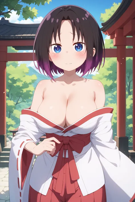 masterpiece,best quality,{{detailed beautiful face and eyes}}, very detailed background,
Elma,{{{megami magazine}}},short hair,multicolored hair,black hair,purple hair,parted bangs,blue eyes,slit pupils,large breasts,
(miko:1.1),{{red hakama}},hakama skirt...