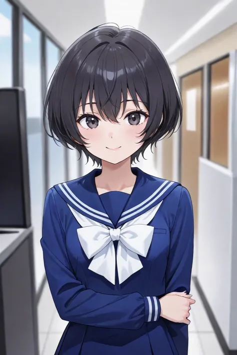  girl 　 sailor suit　 black hair　 short hair while on a business trip　smile